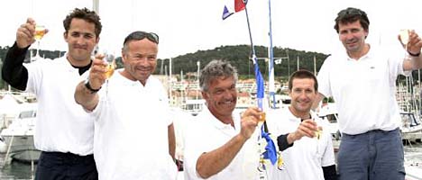 The toast of Split (from left) : Romain Troublé, Bertrand Pacé, Fabrice Levet, Tanguy Cariou and Benoit Briand, winners of the ACI HTmobile Cup. (Bob Grieser/Outside Images)